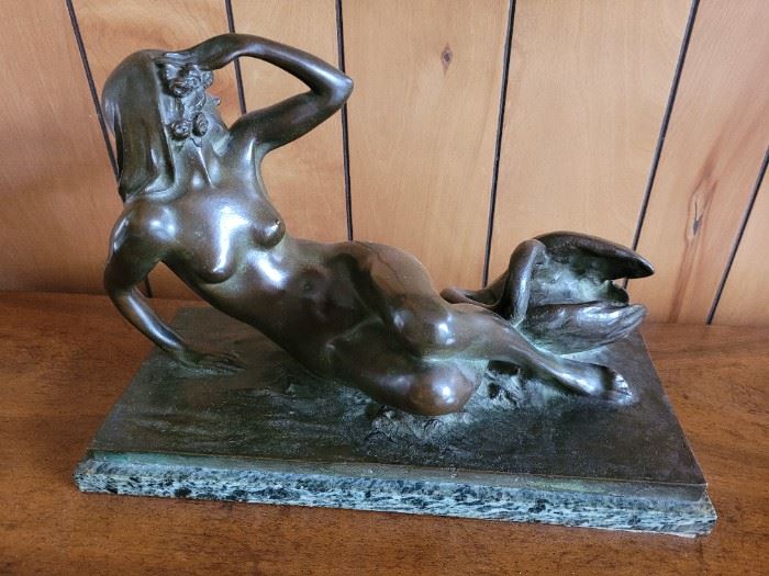$1600.00, Adolf  Dressler , Bronze sculpture 18 x 11" on marble Nude woman with Swan