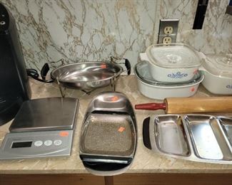 Stainless steel erving pieces, Corning ware