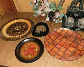 Decorative plates, ink well, enamel on copper ashtray