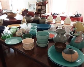 McCoy Fiestaware,Bauer,Hall, uranium glass cordial set,  red wing 