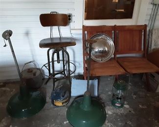 Vintage Toledo Stool, antique industrial green enameled lights, Vintage gas can, Vintage lantern Colman, Vintage plymouth hubcaps 