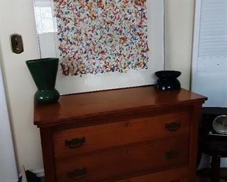 Hall pottery, antique dresser, framed art by listed artist 