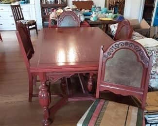 Deep Red painted drop leaf table with four chairs 
