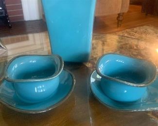 #1096A  - Southern Living at Home  9” turquoise vase - $18 
#1097A - Southern Living at Home turquoise bowls - $15 pr 
