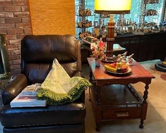 Leather swivel recliner and Drexel Heritage end table