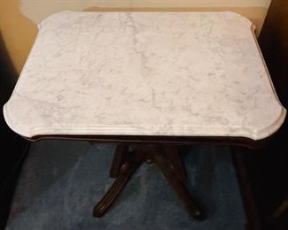 #4 - NOW $185 was $225 • Victorian Eastlake Burlwood side table with gray Carrera marble top  • 29high 29wide 21deep