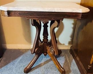 #4 - NOW $185 was $225 • Victorian Eastlake Burlwood side table with gray Carrera marble top  • 29high 29wide 21deep