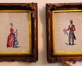 #7 - NOW $25 was $50 • American Victorian walnut carved frames with needlepoint figurines • 14high 12wide 
