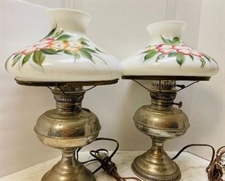 #9 -NOW $75 was $150 • American Victorian rayo lamps with glass painted shades  • needs just a little TLC   •  22high 12”across
