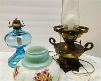 #19- $75 • Lot of Victorian style  lamp • Crack on shade  • one oil lamp  • one electric lamp  • sold as a group	