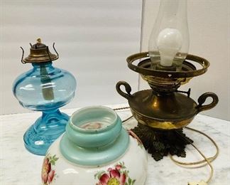 #19-NOW $37.50 was $75 • Lot of Victorian style  lamp • Crack on shade  • one oil lamp  • one electric lamp  • sold as a group