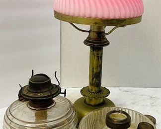 #20 - $60 • Lot of Victorian style lamp parts • three lamp bases  • one shade  • one container