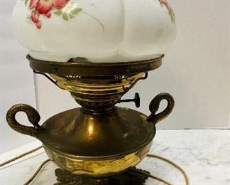 #19-NOW $37.50 was $75 • Lot of Victorian style  lamp • Crack on shade  • one oil lamp  • one electric lamp  • sold as a group