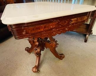 #26- NOW $245 WAS $295 • American Victorian Eastlake parlour table  • gray marble top   •  30high 32wide 23deep