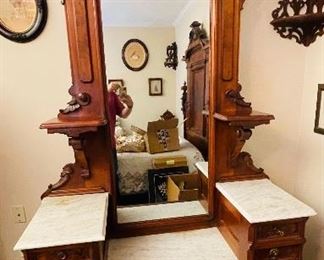 #27- NOW $550 - Was $695 • American Victorian walnut and burlwood dresser  • large mirror and brass pulls   •  95high 52wide 20deep