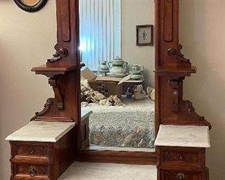 #27- NOW $550 - Was $695 • American Victorian walnut and burlwood dresser  • large mirror and brass pulls   •  95high 52wide 20deep