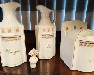 #31- $80 • 1940s German canister set   • 17 pieces • one stopper  missing on the vinegar	
