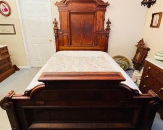 #32- NOW $500 WAS $695 • American Victorian transitional burlwood full size bed • 93high 66wide 86deep
