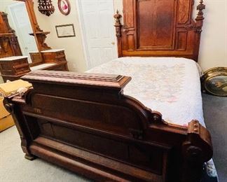 #32- NOW $500 WAS $695 • American Victorian transitional burlwood full size bed • 93high 66wide 86deep