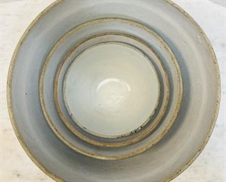 #43 -NOW $150 was $200 • Robinson Ransbottom • Early American stoneware blue four bowls nesting  • Large 14”across  • 10”across  • 8”across  • small 7”across