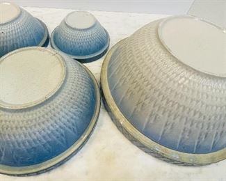 #43 -NOW $150 was $200 • Robinson Ransbottom • Early American stoneware blue four bowls nesting  • Large 14”across  • 10”across  • 8”across  • small 7”across