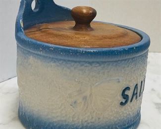 #45-NOW $25 was $50 • Early American stoneware blue salt canister with wooden lid & Butterfly motif  • 6high 6”across