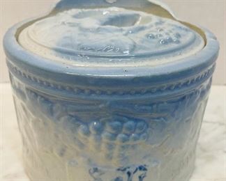 #47- Now $25 was $50 • Early American stoneware salt canister with stoneware lid  • vineyard grapes pattern  • 6high 5”across