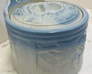 #47-Now $25 was $50 • Early American stoneware salt canister with stoneware lid  • vineyard grapes pattern  • 6high 5”across