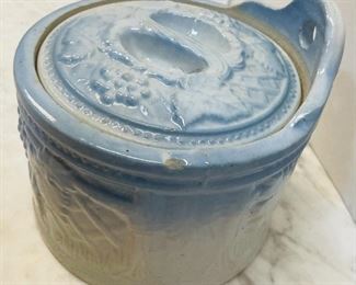 #47- Now $25 was $50 • Early American stoneware salt canister with stoneware lid  • vineyard grapes pattern  • 6high 5”across