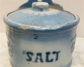 #48 - Now $20 was $40 • Early American stoneware salt canister with stoneware lid  • radiant sun pattern with Eagle • 6high 5”across 