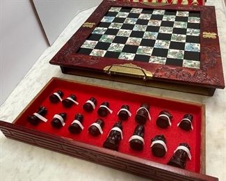 #53 - $49 • Cantonese etched-bone 2 drawer chess set with carved resin chess pieces
