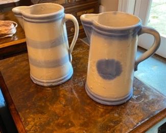 NOW $40 for the set $80 for set  Stripe and dot blue and white stoneware  pitchers 