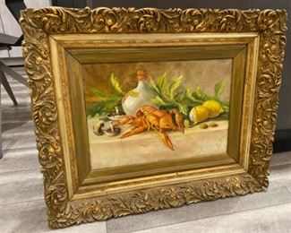 18- $275 - Lobster still life Oil on canvas signed 24" x 28" approx