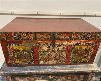 #25 - $195 red trunk with oriental painted scenes 31" L x 18"D x 13"H 