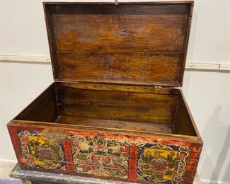 #25 - $195 red trunk with oriental painted scenes 31" L x 18"D x 13"H 