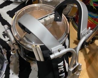 17  - $700 - 13x11 Pearl Championship Maple FFX Marching Snare Midnight Black with May Marching Harness