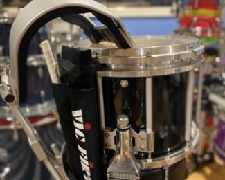 17  - $700 13x11 Pearl Championship Maple FFX Marching Snare Midnight Black with May Marching Harness