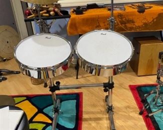 24 - $700 Gibraltar Auxiliary Percussion Rack with Pearl Primero 13" Flat Timbale w/tom mount (2), 14" Trash Crash, 36 Bar wind Chime