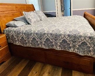 Bittersweet Ashley Queen size wood bed frame  $595 with storage drawers, with wood night stand, & $799 Nectar Premier Nectar Cloud mattress (less than 9 months old) with mattress protector  • 55high 96deep 60across