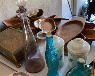 Vintage decanter and blue bottles 