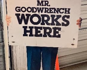 Vintage Mr. Goodwrench Works Here Metal Dealership Sign with Base
