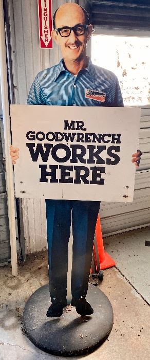 Vintage Mr. Goodwrench Works Here Metal Dealership Sign with Base