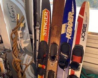 1990's Snowboard and Vintage Slalom Skis Including Wooden