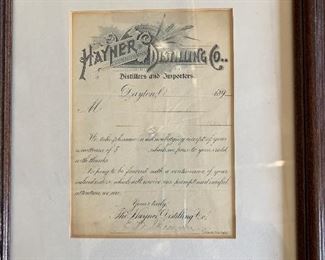 Framed Hayner Distilling Receipt