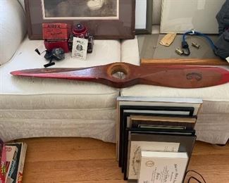 Flex steel Sofa, vintage reels & large Hamilton Standard wooden propeller, assorted artwork