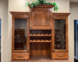 Custom made cherry stained lighted  2 piece wood hutch by Taylormade in Naperville - measuring 58" wide x 25" deep x 36" high. Top piece is 53" high.  