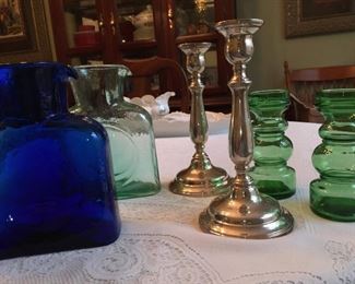 MCM glassware including Blenko, MCM Italian glass, and sterling silver candlesticks