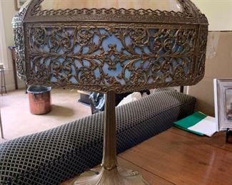 Stained glass and painted metal lamp -3 bulbs; large. works