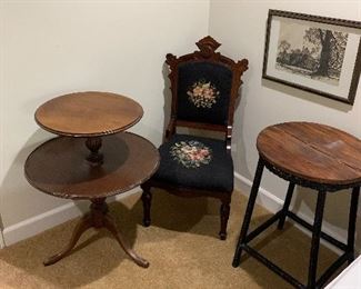 Pie crust table, needlepoint Eastlake chair