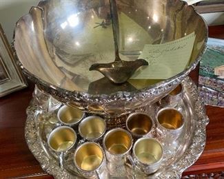 Silver plate punch bowl and 20 cups